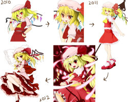Rule 34 | 1girl, 2010, 2011, 2012, artist progress, ascot, back bow, blonde hair, blood, blood from mouth, blood on face, blood on hands, bow, flandre scarlet, frilled pillow, frilled shirt collar, frilled skirt, frilled sleeves, frills, hand on own hip, hat, hat bow, hat ribbon, head on pillow, high heels, holding, holding polearm, holding weapon, laevatein (touhou), large bow, liteblck, looking at viewer, medium hair, mob cap, multicolored wings, one side up, open mouth, pillow, pink hat, pink shirt, polearm, puffy short sleeves, puffy sleeves, red ascot, red bow, red eyes, red footwear, red ribbon, red skirt, red vest, ribbon, shirt, short sleeves, skirt, skirt set, solo, touhou, vest, weapon, white background, white bow, white shirt, wings, wrist cuffs