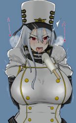 Rule 34 | 1girl, arms behind back, azur lane, blue background, blush, breasts, breath, bubupan, buttons, coat, coat dress, commentary request, double-breasted, dripping, food, fur, fur-trimmed coat, fur trim, hair between eyes, hat, heart, high collar, highres, huge breasts, ice cream, long hair, melting, military, military hat, military uniform, open mouth, popsicle, red eyes, sexually suggestive, silver hair, sovetskaya rossiya (azur lane), sweat, tongue, tongue out, uniform, white coat