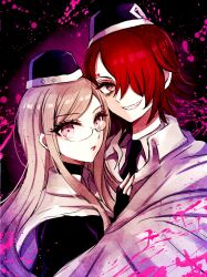 Rule 34 | 1boy, 1girl, black headwear, black jacket, black necktie, blonde hair, blood, blood splatter, brown eyes, cape, collared shirt, commentary request, glasses, grin, hair over one eye, hand on another&#039;s chest, hat, highres, jacket, koya (0okoya), long hair, looking at viewer, martina electro, master detective archives: rain code, military hat, necktie, open mouth, parted lips, pink blood, pink eyes, red hair, shirt, short hair, smile, symbol in eye, upper body, white cape, white shirt, yomi hellsmile