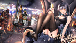 Rule 34 | 1girl, alcohol, bare shoulders, black choker, black dress, black footwear, black hair, black thighhighs, blush, breasts, champagne flute, character request, choker, cleavage, closed mouth, copyright request, cup, dress, drinking glass, feet, flower, gangzi (vtuber), garter straps, grey flower, grey rose, hairband, happy birthday, high heels, holding, holding cup, ice bucket, indie virtual youtuber, jack daniel&#039;s, korean streamer, lancheu, long hair, looking at viewer, medium breasts, night, no shoes, orange eyes, rose, shoe dangle, skyline, sleeveless, sleeveless dress, smile, soles, solo, streamers, thighhighs, very long hair, virtual youtuber, whiskey