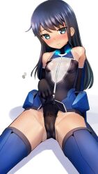 Rule 34 | 1girl, alice gear aegis, bare shoulders, black hair, blue eyes, blush, body writing, boots, breasts, cameltoe, cleft of venus, covered erect nipples, elbow gloves, gloves, groin, koashi mutsumi, leotard, long hair, looking at viewer, sasayuki, sitting, small breasts, smile, solo, thigh boots