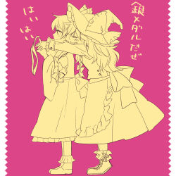 Rule 34 | 2girls, apron, blush, bow, braid, closed eyes, commentary request, detached sleeves, footwear ribbon, frilled bow, frills, hair bow, hakurei reimu, hat, hat bow, hug, hug from behind, kirisame marisa, long hair, long sleeves, medal, monochrome, multiple girls, pink background, shoes, side braid, single braid, skirt, smile, tiptoes, touhou, translated, waist apron, witch hat, yonu (yonurime)