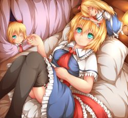 Rule 34 | 1girl, absurdres, akkii (meragold), alice margatroid, aqua eyes, bad id, bad pixiv id, blonde hair, bow, capelet, couch, doll on head, dress, closed eyes, female focus, garter straps, hair bow, headband, highres, knees up, looking up, lying, on back, one eye closed, peeking out, pillow, ribbon, sash, shanghai doll, short hair, smile, solo, thighhighs, touhou, wink