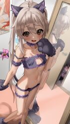 Rule 34 | 2girls, :3, ahoge, animal ear fluff, animal ears, animal hands, bare shoulders, bell, black bra, black choker, black panties, blonde hair, blush, bow, bra, breasts, bridal garter, brown eyes, cat cutout, cat ears, cat tail, chibi, choker, clothing cutout, collarbone, commentary request, covered erect nipples, frilled bra, frilled choker, frilled garter, frilled panties, frills, gloves, groin, hair between eyes, highres, indoors, jingle bell, korean commentary, long hair, looking at viewer, mirror, multiple girls, navel, onii-chan wa oshimai!, open mouth, oyama mahiro, oyama mihari, panties, paw gloves, paw shoes, poster (object), reflection, small breasts, solo focus, standing, stomach, strap slip, tail, tail bell, tail bow, tail ornament, twintails, underwear, yerim