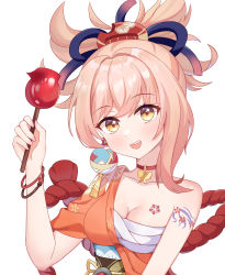 Rule 34 | 1girl, :d, absurdres, arm tattoo, bracelet, breasts, candy, candy apple, chest sarashi, chest tattoo, choker, cleavage, collarbone, commentary request, food, genshin impact, hair between eyes, hair ornament, highres, holding, holding candy, holding food, japanese clothes, jewelry, long hair, looking at viewer, obi, open mouth, orange hair, ponytail, rope, sarashi, sash, shimenawa, sidelocks, simple background, smile, solo, tattoo, vision (genshin impact), white background, xian yu mi, yellow eyes, yoimiya (genshin impact)