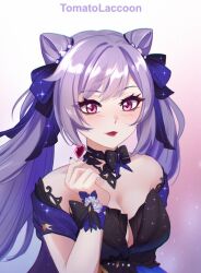 Rule 34 | 1girl, bare shoulders, black choker, black dress, breasts, choker, cleavage, commentary, cone hair bun, dress, genshin impact, gradient background, hair bun, hair ribbon, heart, highres, keqing (genshin impact), keqing (opulent splendor) (genshin impact), long hair, looking at viewer, medium breasts, off-shoulder dress, off shoulder, pink background, purple eyes, purple hair, purple ribbon, red lips, ribbon, short sleeves, smile, solo, tomatolacoon, twintails, upper body, very long hair, white background