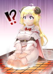 Rule 34 | !?, 1girl, absurdres, ahoge, animal ears, bare shoulders, black footwear, blonde hair, blush, boots, bow, bowtie, breasts, brooch, cape, carmen kiruya, cooking, detached sleeves, dress, fur-trimmed boots, fur-trimmed cape, fur-trimmed dress, fur-trimmed sleeves, fur trim, grill, grilling, hair ornament, hairclip, half updo, highres, hololive, horns, jewelry, long hair, medium breasts, pink cape, purple eyes, red bow, red bowtie, seiza, sheep ears, sheep girl, sheep horns, short dress, sitting, sleeveless, sleeveless dress, solo, sweat, tsunomaki watame, tsunomaki watame (1st costume), two-sided cape, two-sided fabric, underbust, very long hair, virtual youtuber, white cape, white dress