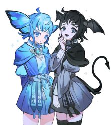 Rule 34 | 2girls, :d, :o, alternate form, arms behind back, bat wings, belt, black capelet, black footwear, black hair, blue capelet, blue dress, blue eyes, blue gemstone, blue hair, blue wings, boots, brooch, butterfly wings, capelet, collared dress, colored eyelashes, commentary, cowboy shot, cowlick, demon tail, dress, fangs, final fantasy, final fantasy xiv, from side, gem, grey dress, grey eyes, twirling hair, hand up, head wings, highres, insect wings, jewelry, juliet sleeves, long sleeves, looking at viewer, meteion, multiple girls, open mouth, puffy sleeves, short hair, simple background, slit pupils, smile, sparkle, standing, symbol-only commentary, tail, tassel, thigh boots, white background, wings, wuliu heihuo