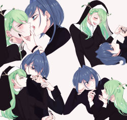 Rule 34 | 2girls, antlers, black nails, blue hair, ceres fauna, closed eyes, closed mouth, cross, cross earrings, earrings, eyes visible through hair, fang, green hair, hair intakes, highres, hololive, hololive english, horns, jewelry, justrin, mole, mole under eye, multiple girls, nail polish, nun, ouro kronii, skin fang, teeth, tongue, tongue out, traditional nun, upper teeth only, virtual youtuber, yuri