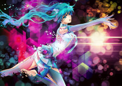 Rule 34 | 1girl, absurdres, aqua eyes, aqua hair, barefoot, bridal gauntlets, digital dissolve, hatsune miku, hatsune miku (append), highres, lilaccu, long hair, necktie, outstretched arm, outstretched hand, reaching, solo, thighhighs, twintails, very long hair, vocaloid, vocaloid append