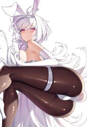 Rule 34 | 1girl, ahoge, all fours, animal ears, ass, breast press, breasts, cameltoe, cleft of venus, cluseller, elbow gloves, fake animal ears, fate/grand order, fate/prototype, fate (series), gloves, large breasts, leotard, long hair, looking at viewer, merlin (fate/prototype), pink eyes, playboy bunny, rabbit ears, sideboob, simple background, solo, thigh strap, very long hair, white background, white gloves, white hair, white leotard