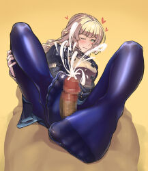 Rule 34 | 1boy, 1girl, artist name, black dress, blonde hair, blue pantyhose, blush, breasts, buttons, censored, closed mouth, commission, cum, double-breasted, dress, ejaculation, epaulettes, erection, eyelashes, feet, fire emblem, fire emblem: three houses, footjob, foreshortening, full body, gold trim, green eyes, hand on own thigh, heart, highres, ingrid brandl galatea, juliet sleeves, knees apart feet together, knees up, legs, long hair, long sleeves, looking at viewer, medium breasts, military uniform, mosaic censoring, nintendo, no shoes, one eye closed, pantyhose, penis, pov, puffy sleeves, see-through, see-through legwear, shiny clothes, sidelocks, simple background, skeb commission, soles, toenails, toes, tokiatm, twitter username, two-footed footjob, uniform, yellow background