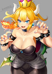 Rule 34 | 1girl, bare shoulders, black dress, blonde hair, blue eyes, blue gemstone, bowsette, bracelet, breasts, breath weapon, breathing fire, character name, cleavage, collar, cowboy shot, crown, curvy, dress, earrings, female focus, fingernails, fire, gem, grey background, highres, horns, jewelry, large breasts, long fingernails, mario (series), nail polish, new super mario bros. u deluxe, nintendo, open mouth, pointy ears, shiny skin, simple background, skindentation, smile, solo, spiked bracelet, spiked collar, spikes, standing, super crown, v-shaped eyebrows, | |