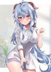 Rule 34 | 1girl, alternate costume, blue hair, blurry, blurry background, blush, breasts, closed mouth, collared shirt, commentary request, cowboy shot, dress shirt, ganyu (genshin impact), genshin impact, goat horns, gradient eyes, hair between eyes, hand up, highres, horns, large breasts, letterboxed, long hair, looking at viewer, multicolored eyes, partially unbuttoned, purple eyes, raised eyebrows, rim (ririm711), shirt, short shorts, shorts, sidelocks, sleeves rolled up, solo, thighs, white shirt