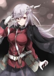 Rule 34 | 1girl, absurdres, belt pouch, black skirt, breasts, closed mouth, cowboy shot, fate/grand order, fate (series), florence nightingale (fate), florence nightingale (third ascension) (fate), gloves, gun, handgun, highres, jacket, jacket on shoulders, long hair, long sleeves, looking at viewer, medium breasts, military, military uniform, pistol, pouch, red eyes, shirokuma1414, silver hair, skirt, smile, solo, uniform, weapon, white gloves