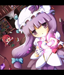 Rule 34 | bad id, bad pixiv id, bat wings, book, bookshelf, brooch, camera, cosplay, crescent, crescent moon, cure blossom, cure blossom (cosplay), dutch angle, embodiment of scarlet devil, female focus, flandre scarlet, hat, head wings, heart, heart brooch, heart hands, heartcatch precure!, izayoi sakuya, koakuma, kuroneko (fragrant olive), letterboxed, library, long hair, maid headdress, moe moe kyun!, moon, multiple girls, patchouli knowledge, precure, purple eyes, purple hair, red eyes, red hair, remilia scarlet, touhou, tripping, voile, wings
