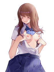 Rule 34 | 1girl, absurdres, bad id, bad pixiv id, blue bow, blue bowtie, blue skirt, blush, bow, bowtie, breasts, brown hair, closed eyes, dress shirt, frown, hands up, highres, long hair, mole, mole under mouth, nipples, no bra, open clothes, open shirt, original, partially unbuttoned, plaid, plaid bow, plaid bowtie, plaid neckwear, pleated skirt, school uniform, shirt, short sleeves, simple background, skirt, solo, sweat, sweatdrop, yayako (804907150)
