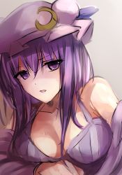 Rule 34 | 1girl, bare shoulders, breasts, cleavage, crescent, dress, female focus, hat, janne cherry, large breasts, long hair, long sleeves, looking at viewer, mob cap, off shoulder, open mouth, patchouli knowledge, purple dress, purple eyes, purple hair, solo, sweat, touhou, upper body