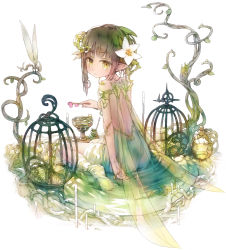 Rule 34 | 1girl, adachi jun, back, backless dress, backless outfit, backlighting, birdcage, brown hair, bug, cage, chalice, cup, diamond-shaped pupils, diamond (shape), dragonfly, dress, dryad, expressionless, fairy wings, fantasy, flower, from behind, full body, green dress, hair flower, hair ornament, insect, leaf, looking at viewer, looking back, monster girl, original, petite, plant, plant girl, pointy ears, potion, see-through, short hair, sidelocks, sitting, solo, symbol-shaped pupils, tareme, veins, vines, wariza, white background, wings, yellow eyes