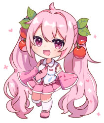 Rule 34 | 1girl, absurdres, blush, cherry hair ornament, chibi, collared shirt, commentary, detached sleeves, food-themed hair ornament, full body, hair ornament, hatsune miku, highres, long hair, long sleeves, looking at viewer, necktie, open mouth, pink hair, pleated skirt, purple eyes, sakura miku, seiran 3132, shirt, skirt, sleeveless, sleeveless shirt, smile, socks, solo, twintails, very long hair, vocaloid