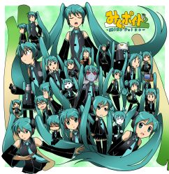 Rule 34 | :p, animal ears, cat ears, chibi, detached sleeves, green eyes, green hair, hatsune miku, headphones, highres, long hair, necktie, parody, robot, skirt, spring onion, takaya n, thighhighs, tongue, tongue out, twintails, very long hair, vocaloid