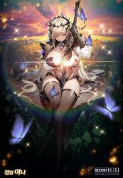 Rule 34 | 1girl, armor, artist request, blonde hair, blue butterfly, breasts, bug, butterfly, circlet, cleavage, closed eyes, cloud, copyright name, curvy, destiny child, detached collar, earrings, falling feathers, feathers, field, flower, flower field, full moon jana (destiny child), gauntlets, gem, grass, highres, insect, jana (destiny child), jewelry, large breasts, leotard, long hair, official art, outdoors, purple gemstone, revealing clothes, see-through, sitting, sky, thighhighs, very long hair