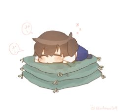 Rule 34 | 10s, 1girl, aged down, artist request, blush, brown hair, chibi, closed eyes, cushion, hair between eyes, ina (1813576), japanese clothes, kaga (kancolle), kantai collection, long hair, side ponytail, simple background, sleeping, solo, speech bubble, twitter username, white background, wide sleeves, zzz