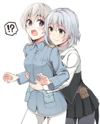 Rule 34 | !?, 2girls, black legwear, black skirt, blush, breasts, closed mouth, eila ilmatar juutilainen, green eyes, hug, hug from behind, long hair, looking at another, military, military uniform, momiji7728, multiple girls, open mouth, pantyhose, purple eyes, sanya v. litvyak, short hair, simple background, skirt, small breasts, smile, speech bubble, strike witches, tongue, uniform, white background, white hair, white legwear, world witches series, yuri
