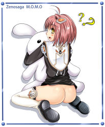 Rule 34 | 00s, 1girl, ?, ??, ahoge, ass, blush, boots, butt crack, clothes lift, dress, dress lift, female focus, from behind, hair ornament, highres, looking at viewer, looking back, m.o.m.o., no panties, open mouth, partially undressed, pink hair, rabbit, shiny clothes, shiny skin, short hair, sitting, solo, stuffed animal, stuffed toy, thigh boots, thighhighs, wariza, xenosaga, yellow eyes
