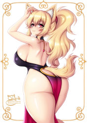 Rule 34 | 1girl, animal ear fluff, animal ears, ass, blonde hair, borrowed character, breasts, butt crack, cat ears, cat tail, dress, from behind, gluteal fold, highres, huge breasts, looking at viewer, original, pelvic curtain, ponytail, red eyes, sevie, sideboob, slit pupils, solo, tail, tiffy (nottytiffy)