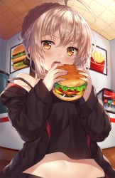 Rule 34 | 1girl, ahoge, artoria pendragon (all), artoria pendragon (fate), bare shoulders, black bow, black camisole, black jacket, bow, braid, burger, camisole, commentary request, eating, fate/stay night, fate (series), food, hair between eyes, hair bow, hitsukuya, holding, holding food, hood, hood down, hooded jacket, indoors, jacket, light brown hair, long sleeves, looking at viewer, midriff, midriff peek, off shoulder, saber alter, sidelocks, solo, strap slip, tile roof, wooden floor