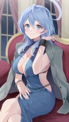Rule 34 | 1girl, absurdres, ako (blue archive), blue archive, blue dress, blue eyes, blue hair, breasts, cleavage, dress, highres, ion (on01e), looking at viewer, medium hair, sitting, smile, solo