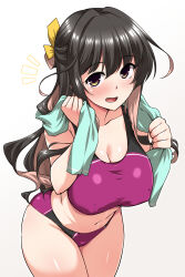 Rule 34 | 1girl, :d, alternate costume, bikini, black hair, bow, breasts, collarbone, colored inner hair, commentary request, fang, hair bow, hair ribbon, highres, kantai collection, large breasts, leaning forward, long hair, looking at viewer, multicolored hair, naganami (kancolle), navel, notice lines, open mouth, pink hair, purple bikini, ribbon, simple background, smile, solo, sports bikini, standing, swimsuit, towel, towel around neck, two-tone hair, wavy hair, wiping, yellow bow, yellow eyes, yoshi tama