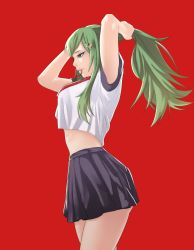 Rule 34 | 1girl, alternate costume, breasts, fire emblem, fire emblem awakening, green eyes, green hair, hair ornament, highres, medium breasts, midriff, mouth hold, nintendo, pomelomelon, ponytail, red background, school uniform, skirt, solo, thighs, tiki (adult) (fire emblem), tiki (fire emblem), tying hair