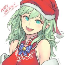 Rule 34 | !, !!, 1girl, alternate costume, bare shoulders, blue eyes, bow, bowtie, breasts, byleth (female) (fire emblem), byleth (fire emblem), commentary, earrings, english commentary, english text, fire emblem, fire emblem: three houses, gofelem, green hair, hair between eyes, hat, highres, jewelry, looking at viewer, merry christmas, nintendo, open mouth, santa hat, simple background, solo, teeth, tongue, upper body, white background