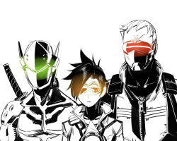 Rule 34 | 1girl, 2boys, armor, bodysuit, bomber jacket, chest harness, collarbone, covered mouth, cyborg, genji (overwatch), goggles, harness, headband, helmet, jacket, leather, leather jacket, long sleeves, mask, monochrome, mouth mask, multiple boys, open mouth, overwatch, overwatch 1, power armor, ruukii drift, scar, scar across eye, scar on face, short hair, short sleeves, simple background, sleeves rolled up, soldier: 76 (overwatch), spiked hair, spot color, swept bangs, tracer (overwatch), upper body, veil, visor, white background, zipper