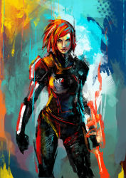 Rule 34 | 1girl, aqua eyes, armor, blue eyes, bodysuit, clenched hands, commander shepard, commander shepard (female), energy blade, lips, looking at viewer, mass effect (series), mass effect 3, muju, red hair, short hair, solo, weapon
