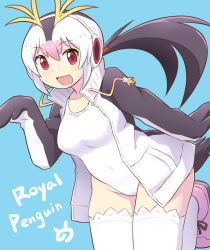 Rule 34 | 10s, :d, bird tail, black hair, blue background, character name, collarbone, covered navel, drawstring, headphones, jacket, japari symbol, kemono friends, leotard, low twintails, multicolored hair, open clothes, open jacket, open mouth, pink hair, red eyes, royal penguin (kemono friends), simple background, smile, solo, tail, thighhighs, twintails, vincent (hiyakuen), white hair, white leotard, white thighhighs