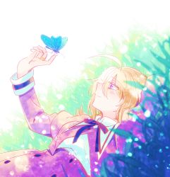 Rule 34 | 1girl, absurdres, ahoge, amano soraha, arm up, assault lily, blonde hair, blue butterfly, blue ribbon, blurry, blurry background, blurry foreground, blush, bright pupils, bug, butterfly, butterfly on hand, buttons, cropped jacket, day, grass, hair between eyes, high-waist skirt, highres, insect, jewelry, juliet sleeves, light particles, long hair, long sleeves, looking at animal, lying, neck ribbon, on back, on grass, on ground, outdoors, puffy sleeves, purple eyes, purple skirt, ribbon, ring, school uniform, shirt, skirt, solo, sorato (astllatte), upper body, white background, white pupils, white shirt, yurigaoka girls academy school uniform