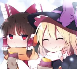 Rule 34 | 2girls, :q, black headwear, blonde hair, bow, braid, brown hair, closed eyes, closed mouth, food, food on face, hair bow, hair tubes, hakurei reimu, hat, hat bow, highres, holding, holding food, kirisame marisa, looking at viewer, multiple girls, outdoors, purple bow, red bow, red eyes, scarf, side braid, single braid, smile, sweet potato, tongue, tongue out, touhou, upper body, v-shaped eyebrows, white bow, witch hat, you (noanoamoemoe)