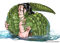 Rule 34 | 1boy, black hair, crocodile (one piece), crocodile boy, crocodilian tail, e mouth69, from behind, green scales, hair slicked back, looking at viewer, looking back, male focus, mature male, monster boy, monsterification, nude, one piece, partially submerged, pointy ears, sanpaku, scar, scar on face, short hair, solo, stitches, tail, upper body, wet, wet hair