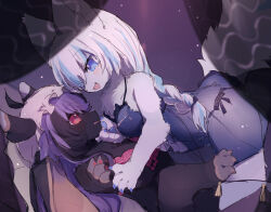 Rule 34 | 2girls, animal ears, animal hands, black bra, black negligee, black panties, black thighhighs, body fur, bra, braid, breasts, eye contact, face-to-face, fang, furry, furry female, furry with furry, girl on top, hand on another&#039;s chin, lingerie, long hair, looking at another, lying, medium breasts, multiple girls, negligee, on back, open mouth, original, panties, pemi (spommmm), ponytail, rabbit ears, rabbit girl, red bra, red eyes, see-through, side-tie panties, smile, tail, thighhighs, thighs, toeless legwear, underwear, white hair, wolf ears, wolf girl, wolf tail, yuri