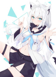 Rule 34 | 1girl, ahoge, animal ear fluff, animal ears, aqua eyes, armpit peek, black shorts, black thighhighs, blue neckerchief, blush, breasts, closed mouth, detached sleeves, ear piercing, earrings, eyelashes, fox ears, fox girl, fox shadow puppet, fox tail, front slit, hair between eyes, hair ribbon, highres, hololive, hood, hoodie, jewelry, long hair, looking at viewer, low ponytail, medium breasts, midriff, navel, neckerchief, piercing, ribbon, shirakami fubuki, shirakami fubuki (1st costume), shorts, single earring, single thighhigh, sisoha, smile, solo, strapless, tail, thigh strap, thighhighs, virtual youtuber, white hair, white sleeves, wide sleeves