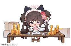 Rule 34 | 1girl, animal ears, bikini, blue archive, blush, book, box, bracelet, cardboard box, chibi, coin, copyright notice, fang, flower, frilled bikini, frills, gold coin, hair flower, hair ornament, holding, holding paper, holding pencil, jewelry, maid headdress, nemoga, official art, open mouth, paper, pencil, pink bikini, pink flower, purple eyes, red flower, shizuko (blue archive), shizuko (swimsuit) (blue archive), simple background, sitting, solo, sweat, swimsuit, table, twintails, two side up, white background