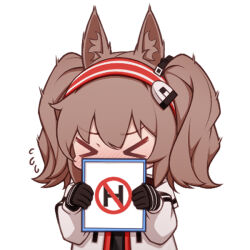Rule 34 | &gt; &lt;, 1girl, angelina (arknights), animal ears, arknights, black gloves, black shirt, blush, brown hair, chibi, covering own mouth, flying sweatdrops, fox ears, fox girl, gloves, hairband, holding, holding sign, hood, hood down, hooded jacket, jacket, long hair, lxjun 09, open clothes, open jacket, red hairband, shirt, sign, simple background, solo, striped clothes, striped hairband, twintails, upper body, white background, white jacket
