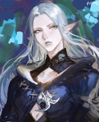 Rule 34 | 1girl, artist name, blue background, blue jacket, brooch, collarbone, elezen, elf, expressionless, final fantasy, final fantasy xiv, frischenq, grey eyes, grey hair, grey lips, jacket, jewelry, long hair, looking at viewer, pointy ears, portrait, signature, sketch, solo, straight hair, ysayle dangoulain