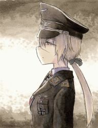 Rule 34 | 1girl, bad id, bad pixiv id, blonde hair, cross, hanna rudel, hat, iron cross, long hair, luftwaffe, medal, military, military uniform, peaked cap, ponytail, profile, ribbon, scar, shiratama (hockey), shirodama, solo, strike witches, strike witches: suomus misfits squadron, uniform, wehrmacht, world war ii, world witches series