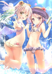 Rule 34 | 2girls, ahoge, animal, ass, barefoot, bikini, bird, blue sky, blush, breasts, butt crack, cloud, commentary request, day, fang, flower, food, frilled bikini, frills, from behind, front-tie bikini top, front-tie top, hair bobbles, hair flower, hair ornament, hat, hat flower, highres, interlocked fingers, jumping, lens flare, long hair, looking at viewer, looking back, mouth hold, multiple girls, natuna natu, navel, off shoulder, open mouth, original, outdoors, palm tree, pink hair, popsicle, purple bikini, purple eyes, red flower, seagull, shirt, side-tie bikini bottom, side-tie bottom, sky, small breasts, smile, soles, striped bikini, striped clothes, sunlight, swimsuit, tareme, tree, twintails, v, water, water gun, wet, white shirt, x hair ornament, yellow bikini, yellow eyes