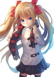 Rule 34 | 1girl, alexmaster, black scarf, black skirt, black thighhighs, blonde hair, blue eyes, blush, bow, coat, duffel coat, floating hair, fringe trim, hair between eyes, hair bow, heart, heart print, highres, long hair, looking at viewer, original, parted lips, pleated skirt, red bow, religious offering, scarf, simple background, skirt, solo, standing, thighhighs, tsundere, twintails, twintails day, very long hair, white background