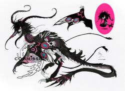 black_fur black_hair black_tail character_sheet chibi chibi_inset claws commission full_body highres kamikiririp leg_lift monster monster_focus multicolored_fur no_humans original simple_background solo sphinx watermark white_background white_fur wings